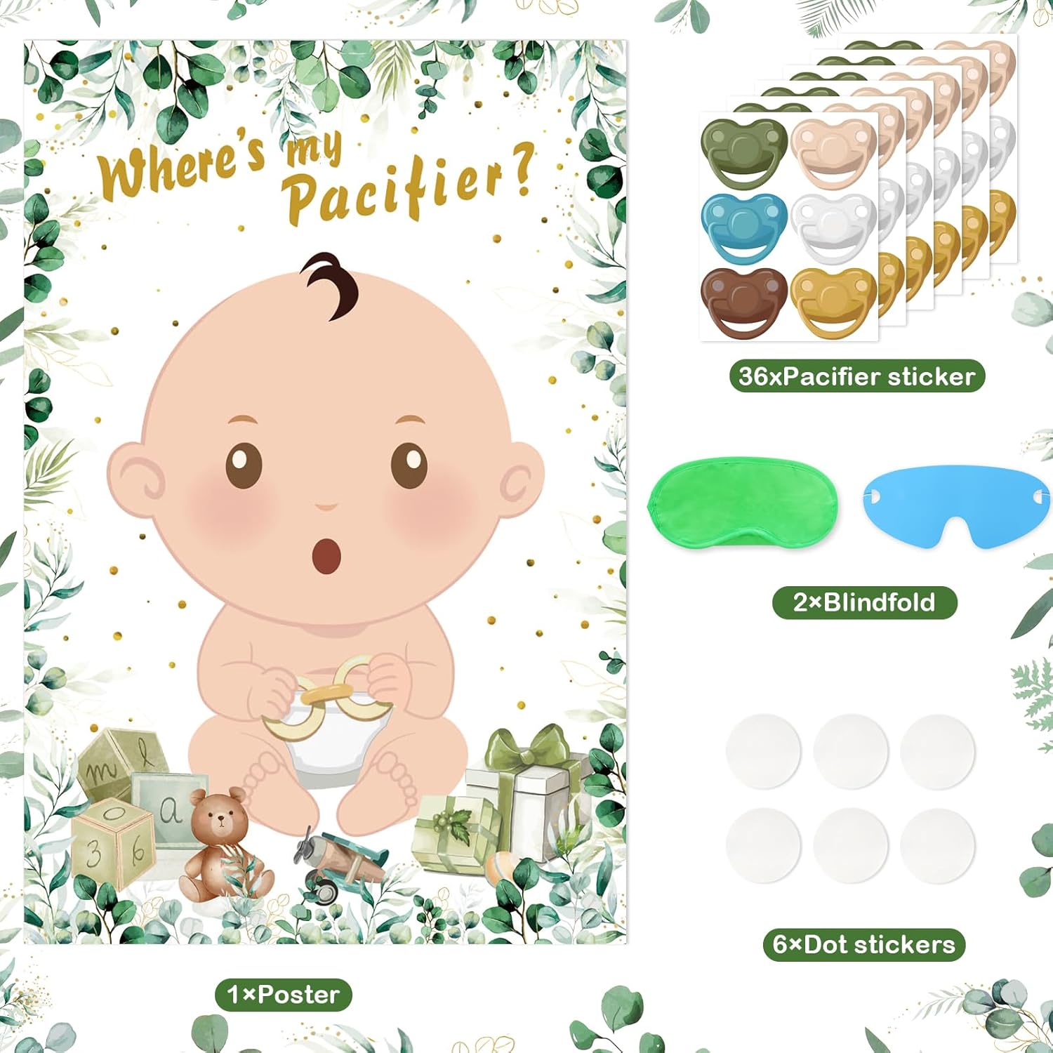 Baby Shower Games Pin The Pacifier On The Baby Game With 36 Pacifier Stickers, Large Green Baby Poster Games For Baby Shower Party Kids Birthday Party Supplies
