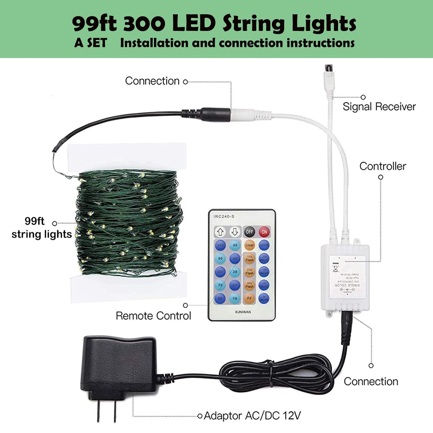 Outdoor Indoor String Lights Christmas 300Led Warm White Fairy Lights 99Ft Green Wire Dimmable With Remote Control, Wate