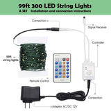 Outdoor Indoor String Lights Christmas 300Led Warm White Fairy Lights 99Ft Green Wire Dimmable With Remote Control, Wate