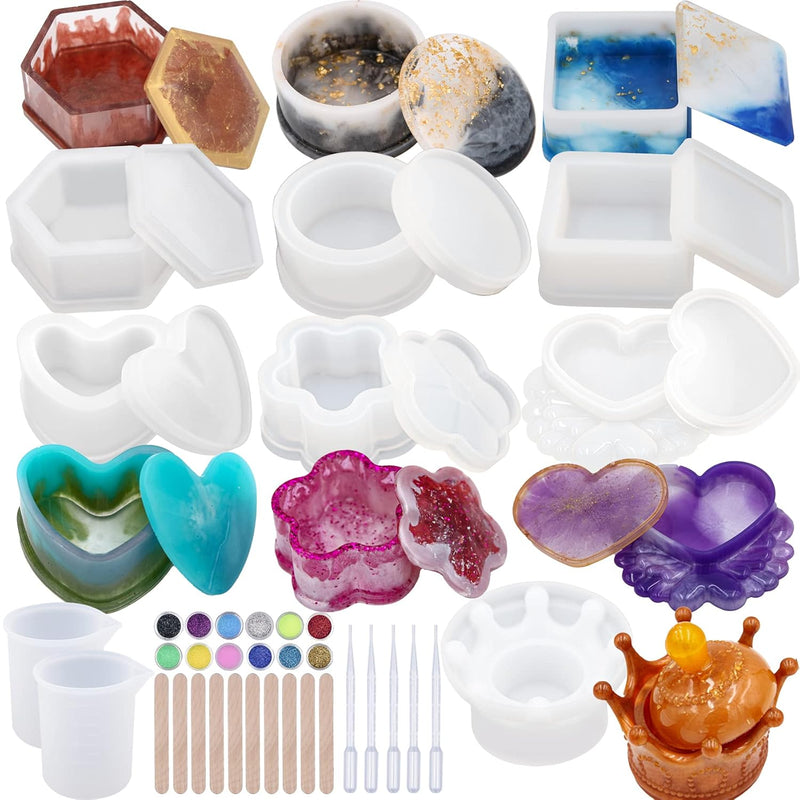 Resin Molds 43Pcs Silicone Molds For Resin, Epoxy Crown Shape Mold Heart Shape Mold With Mica Powder For Storage Box Jewelry Trinket Container Diy Resin Casting Crafts