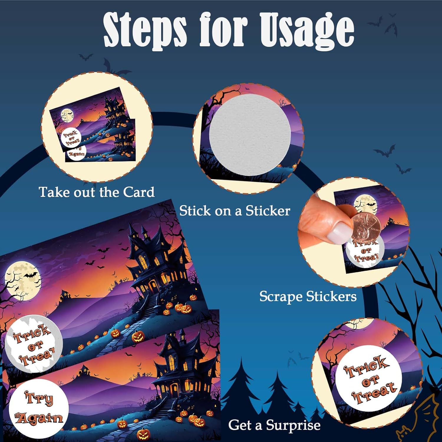 Halloween Scratch Off Cards, 50 Pack Spooky Scratcher Tickets, Trick Or Treat, Fun Halloween Party Game Decoration Supplies - A04