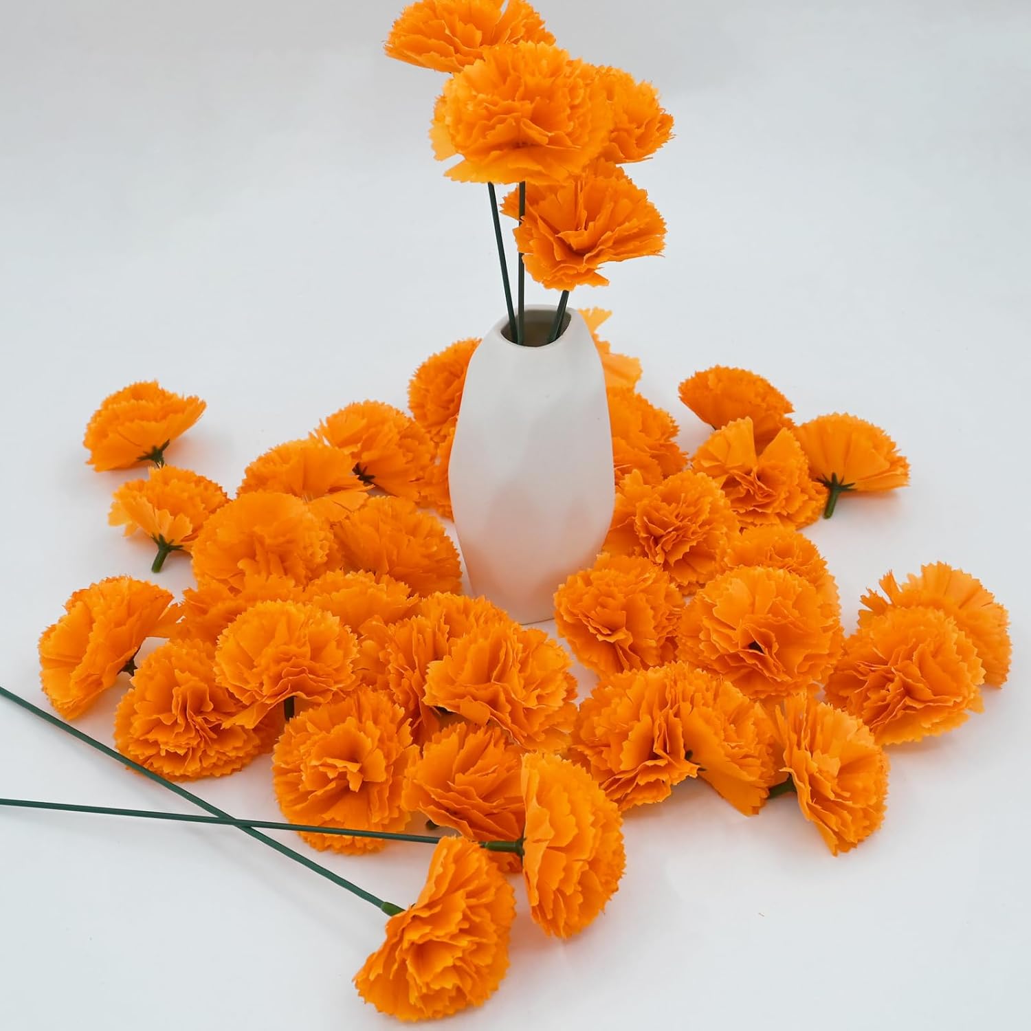 50 Pcs Marigold Silk Artificial Flowers With Stems, Mexican Flowers Decoration For Diwali, Day Of The Dead Wreath Garland, Christmas New Year Wedding Party Altar Decor
