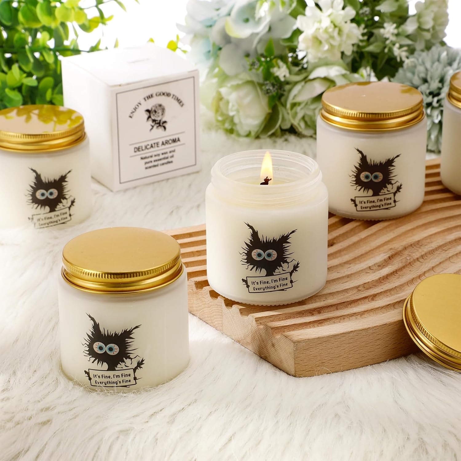 6 Set Valentine Cat Lover Gifts For Women Funny Black Cat Scented Candles It'S Fine Everything Is Fine Inspirational 3.5 Oz Soy Wax Jar Candles Gift For Mom Lady Teacher Coworker Birthday