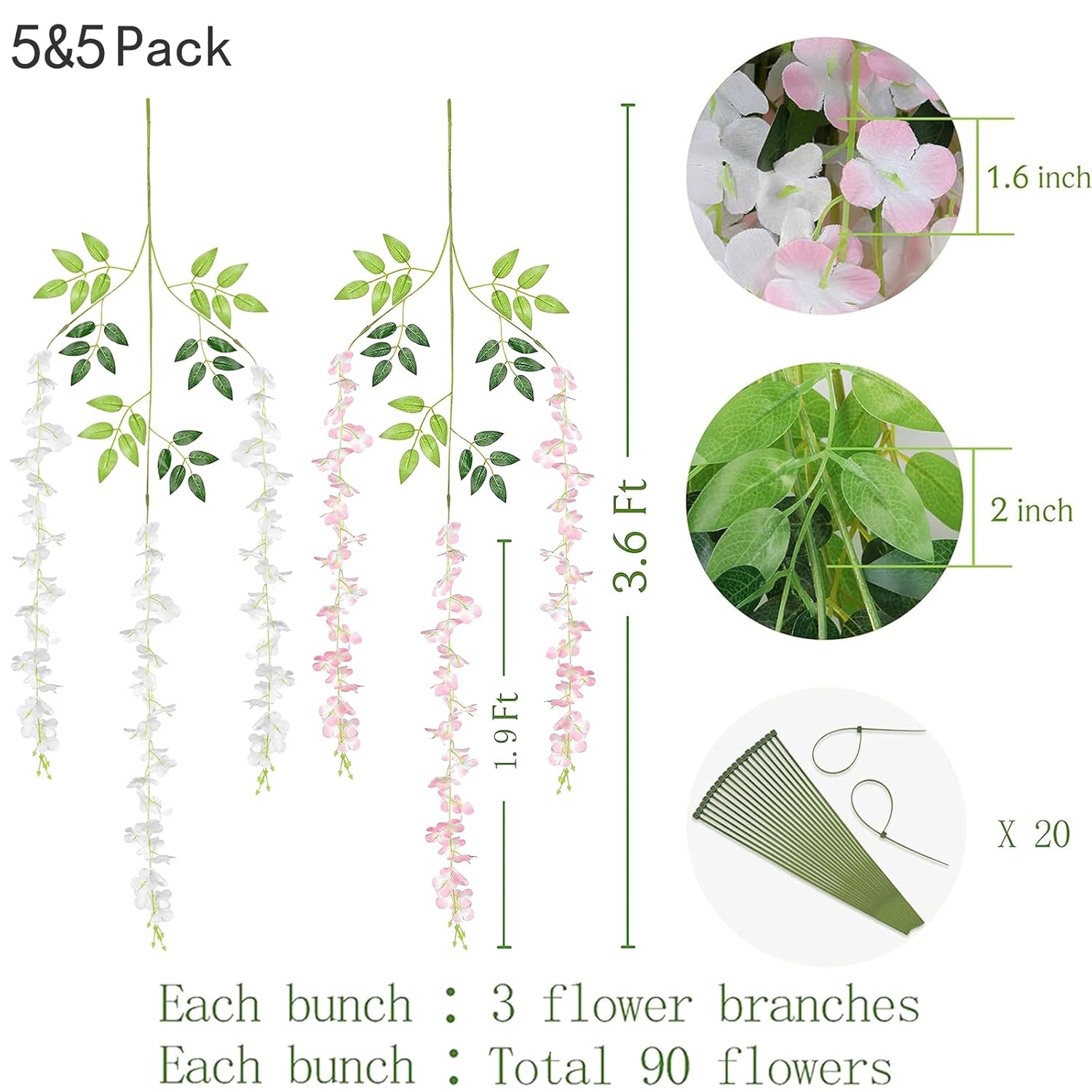 10Pcs White & Pink Fake Wisteria Hanging Flowers, 3.6Ft/Pcs Artificial Wisteria Garland, Hanging Flowers For Wedding Party Home Backdrop Wall Decoration