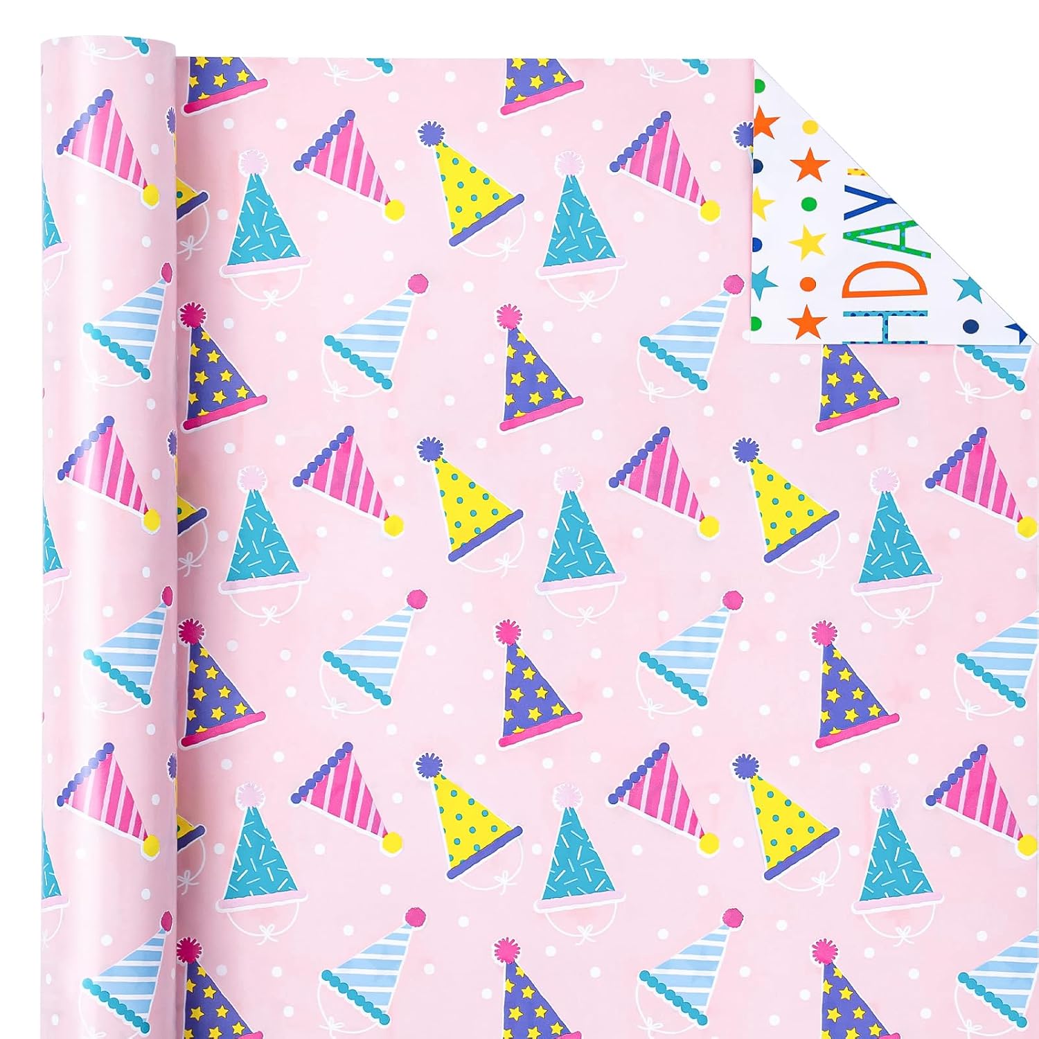 Reversible Birthday Wrapping Paper - Mini Roll - 17 Inch X 9.8 Feet - Pink Happy Birthday Wrapping Paper For Girls, Kids, Baby Shower