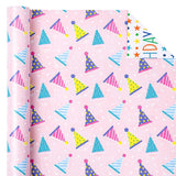 Reversible Birthday Wrapping Paper - Mini Roll - 17 Inch X 9.8 Feet - Pink Happy Birthday Wrapping Paper For Girls, Kids, Baby Shower