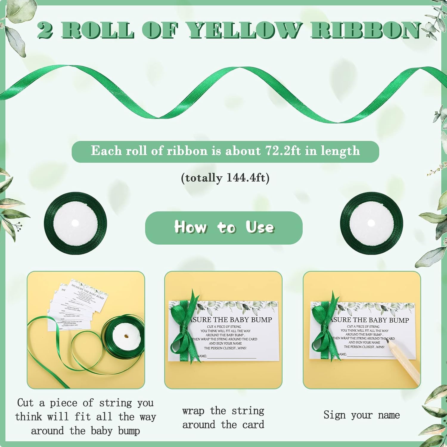 65 Pcs Baby Shower Game Set Include Greenery Theme Measure The Baby Bump Sign 50 Leaves Guessing Cards 10 Pencils 2 Green Measuring Tapes And 2 Green Ribbon For Gender Reveal Party Game