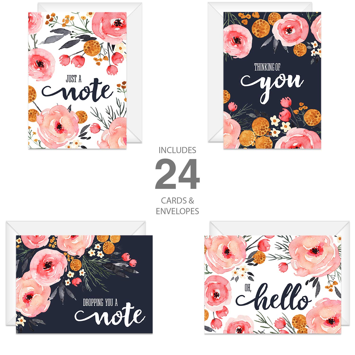 Watercolor Blue And Pink Floral Greeting Cards / 24 All Occasion Cards With White Envelopes / 4 Bright Floral Designs / 3 1/2" X 4 7/8" Thinking Of You Card Set