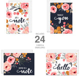 Watercolor Blue And Pink Floral Greeting Cards / 24 All Occasion Cards With White Envelopes / 4 Bright Floral Designs / 3 1/2" X 4 7/8" Thinking Of You Card Set