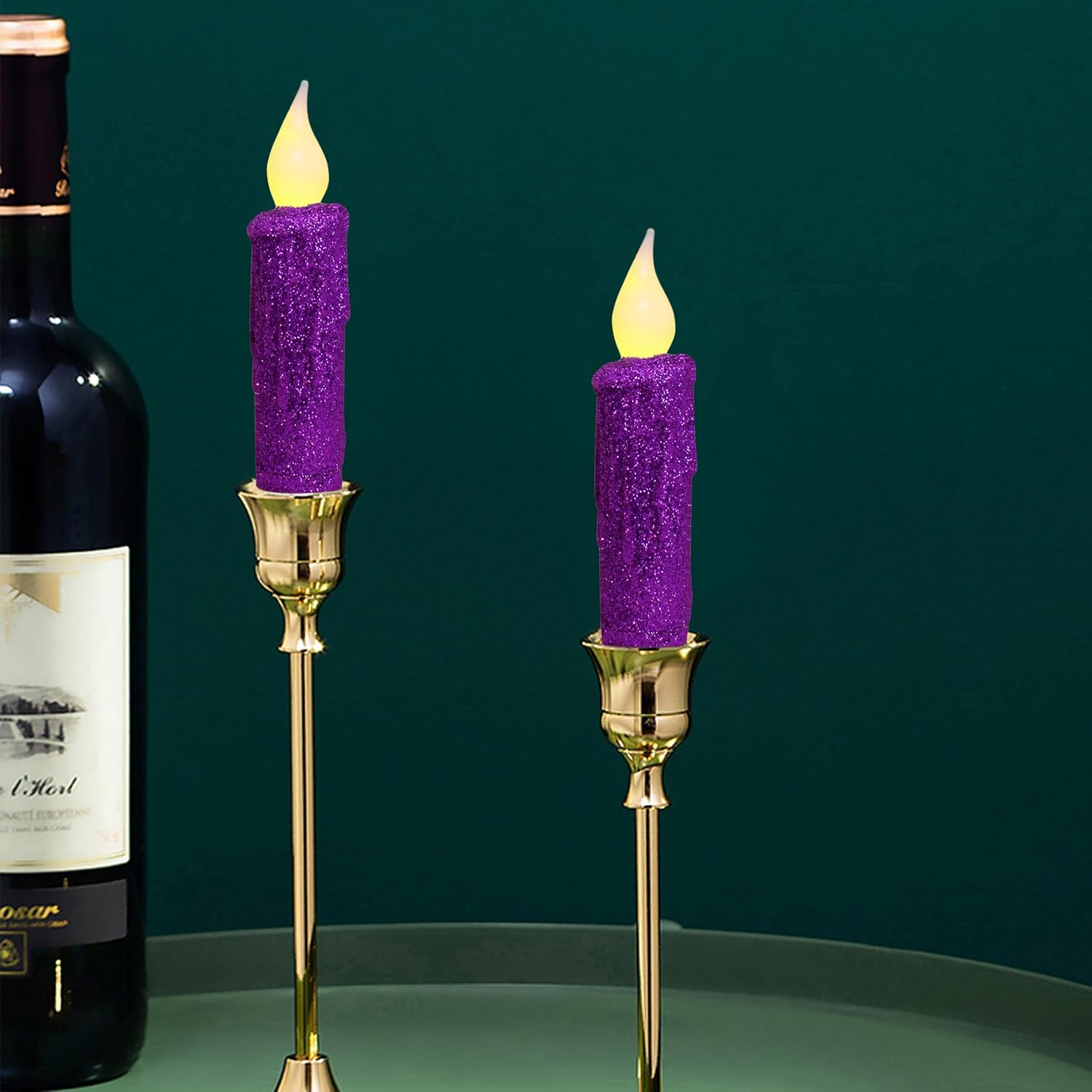 Glitter Flameless Candles Flickering Battery Operated Led Taper Candles With Timer For Home, Wedding, Halloween, Christmas Decor. Purple, 4-3/4 Inch, Set Of 2