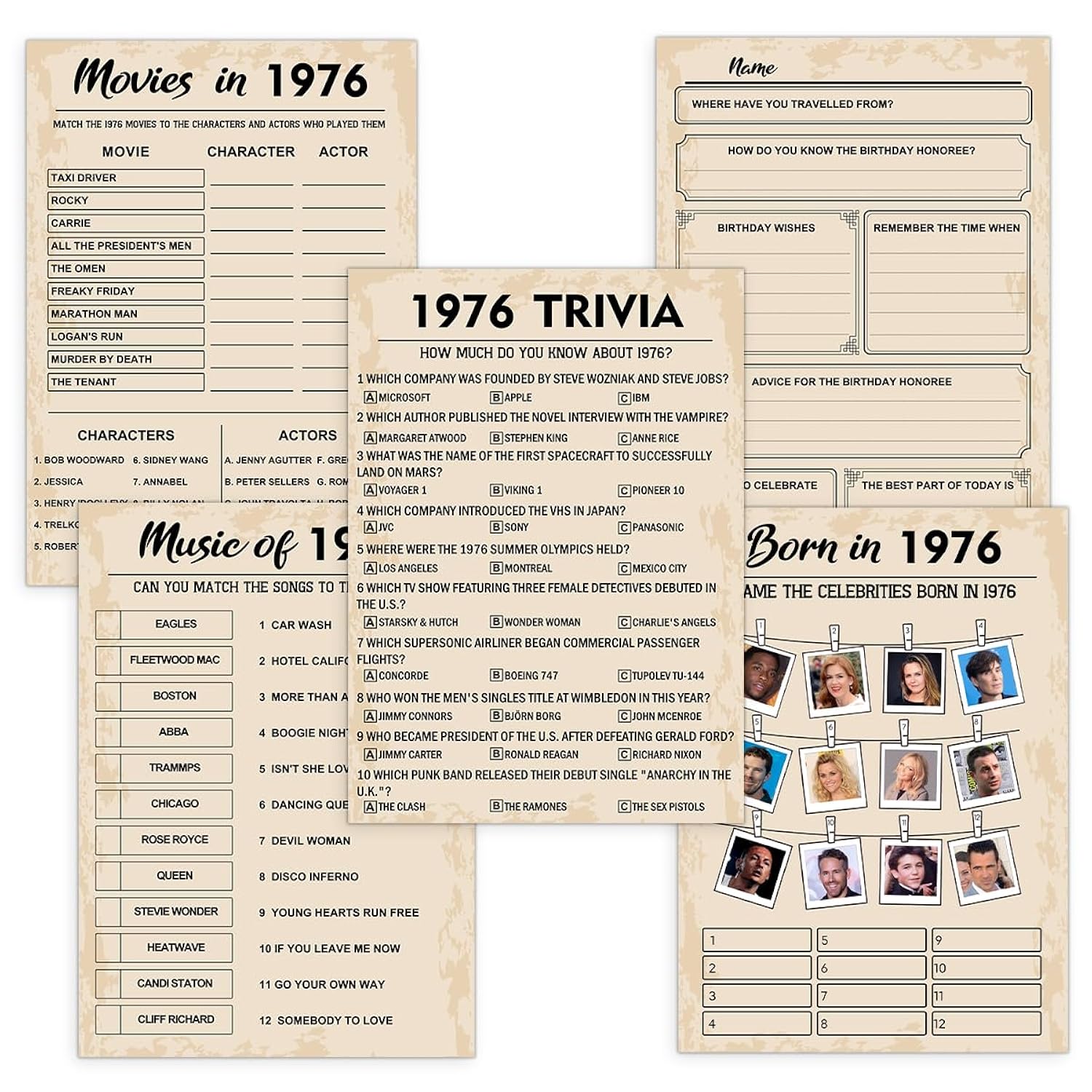 50Th Birthday Party Games,Set Of 5 Activities For 10 Guests, Born In 1976 Games Bundle, Birthday Party Supplies For Adults, Pack Of 50 Cards