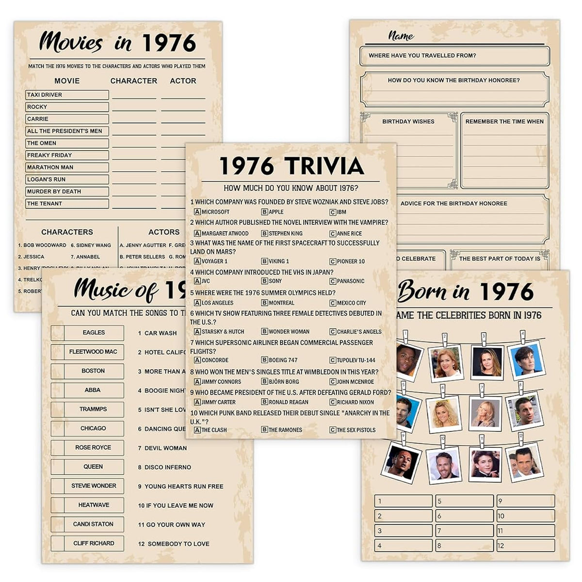 50Th Birthday Party Games,Set Of 5 Activities For 10 Guests, Born In 1976 Games Bundle, Birthday Party Supplies For Adults, Pack Of 50 Cards