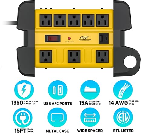 8 Outlet Heavy Duty Surge Protector Power Strip with USB C Ports 15 Ft Cord