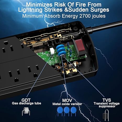 Surge Protector Power Strip with 8 Outlets 4 USB Ports 2700J 6FT Flat Plug Extension Cord Black