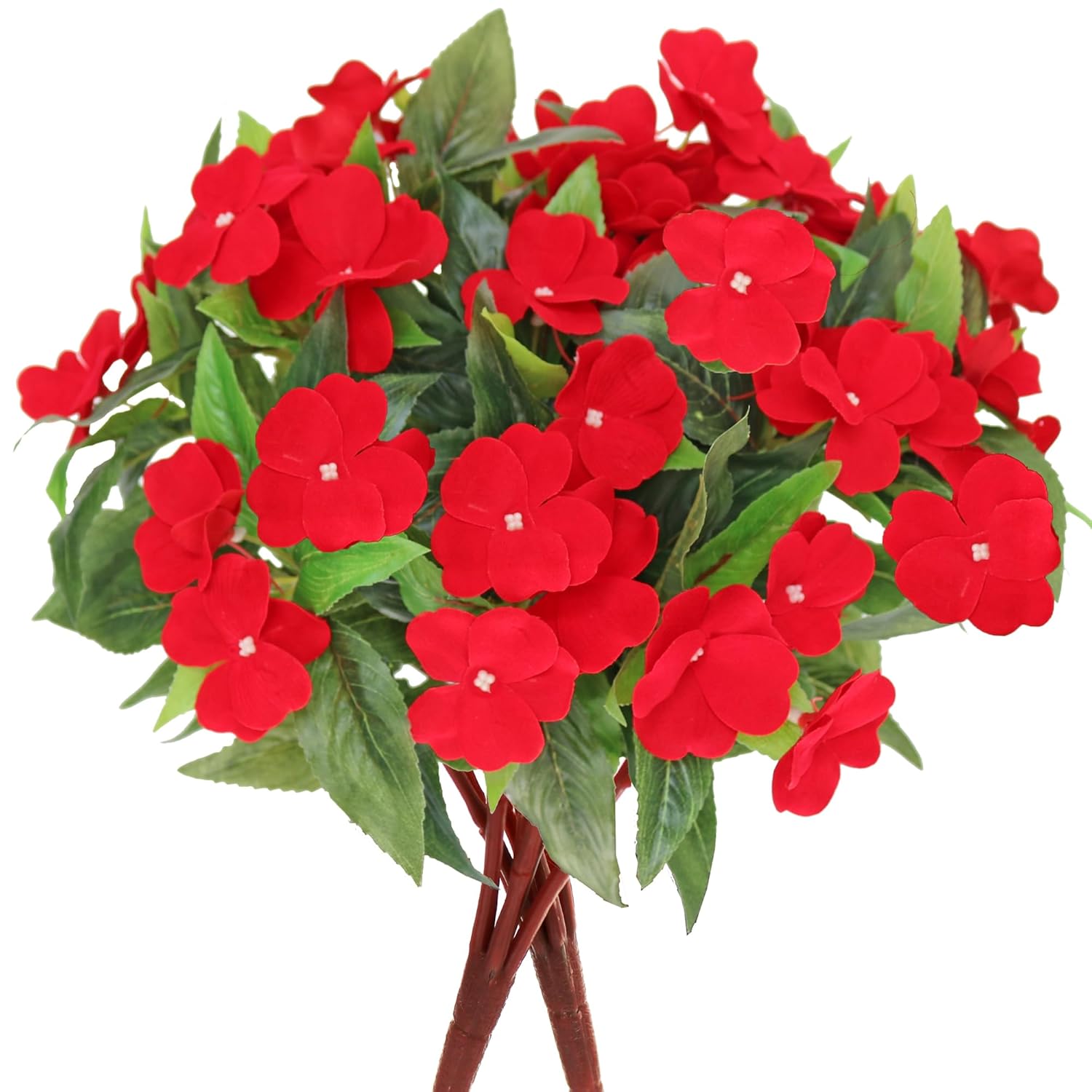 2Pcs Artificial Impatiens Bushes Silk Flowers Greenery Indoor Garden Office Wedding Decor (Red)