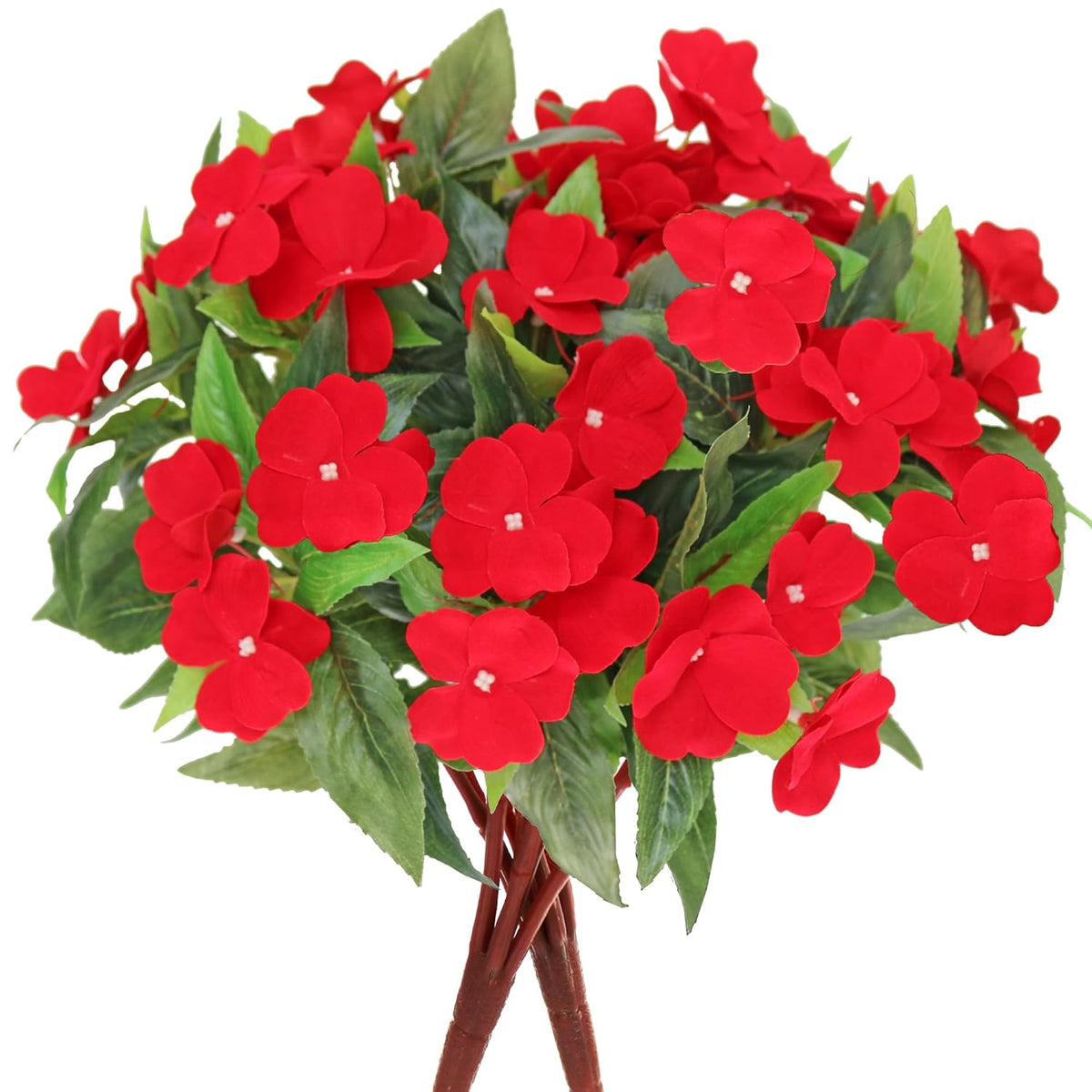 2Pcs Artificial Impatiens Bushes Silk Flowers Greenery Indoor Garden Office Wedding Decor (Red)