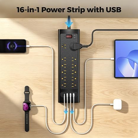 12 Outlet Surge Protector Power Strip with USB C and Flat Plug Cord