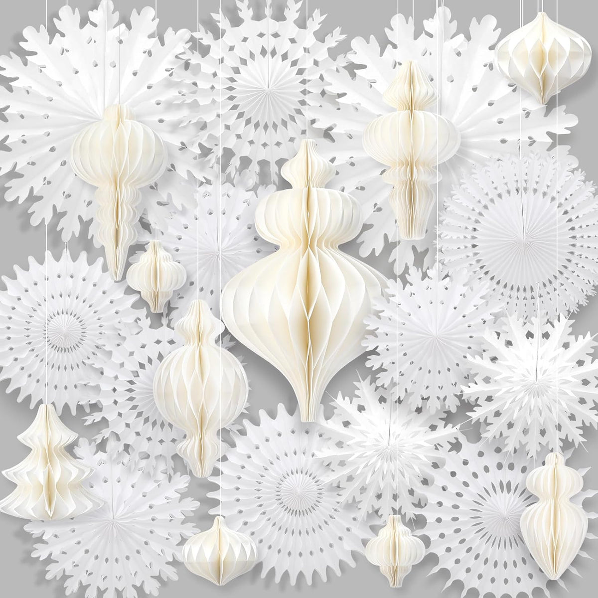 16 Pcs White Paper Snowflake Fan Decorations 7.9 Inch-20 Inch 12 Pcs Jumbo Christmas Paper Honeycomb Balls 3.15 Inch-11.8 Inch White Winter Wonderland Christmas Hanging Decor For Birthday Party