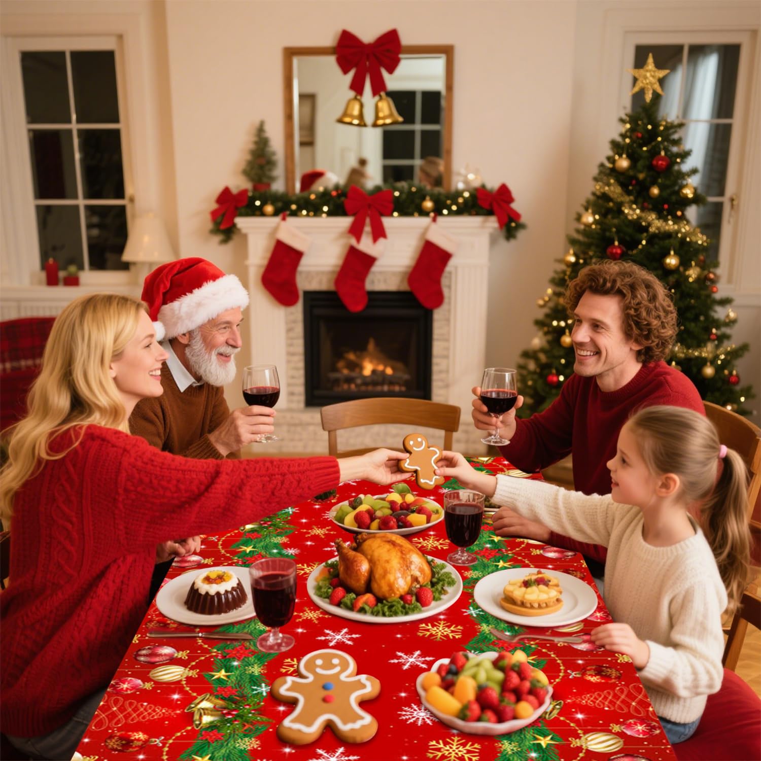 Merry Christmas Tablecloth, 2 Pack Plastic Red Disposable Rectangle Santa Claus Snowman Xmas Table Cloth Cover For Winter Christmas Party Decorations, 54 X 108 Inch