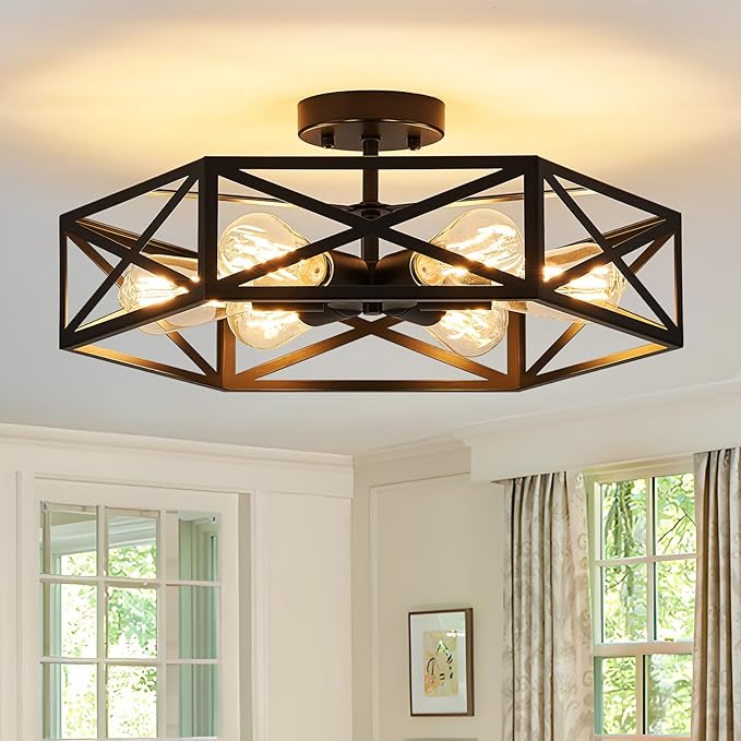 19.7 Inch Hexagon Farmhouse Ceiling Light Black Semi Flush Mount Fixture