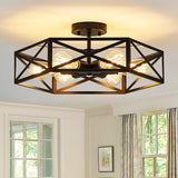 19.7 Inch Hexagon Farmhouse Ceiling Light Black Semi Flush Mount Fixture