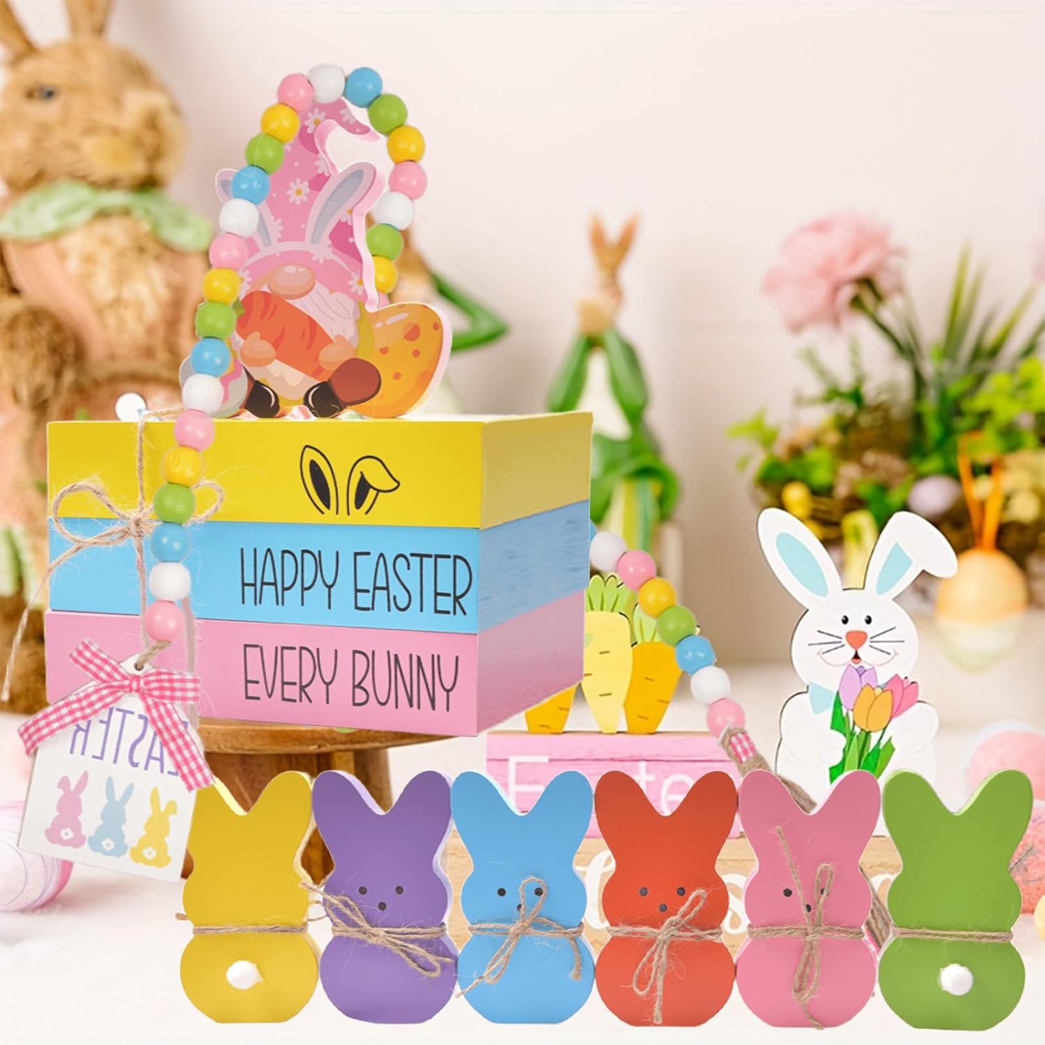 11Pcs Easter Tiered Tray Decorations,Spring Easter Bunny Gnome Decor With 3 Faux Book Stacks Bundle,Bead Garland Tiered Tray Decor Farmhouse Signs Table Decor Home Kitchen Decoration