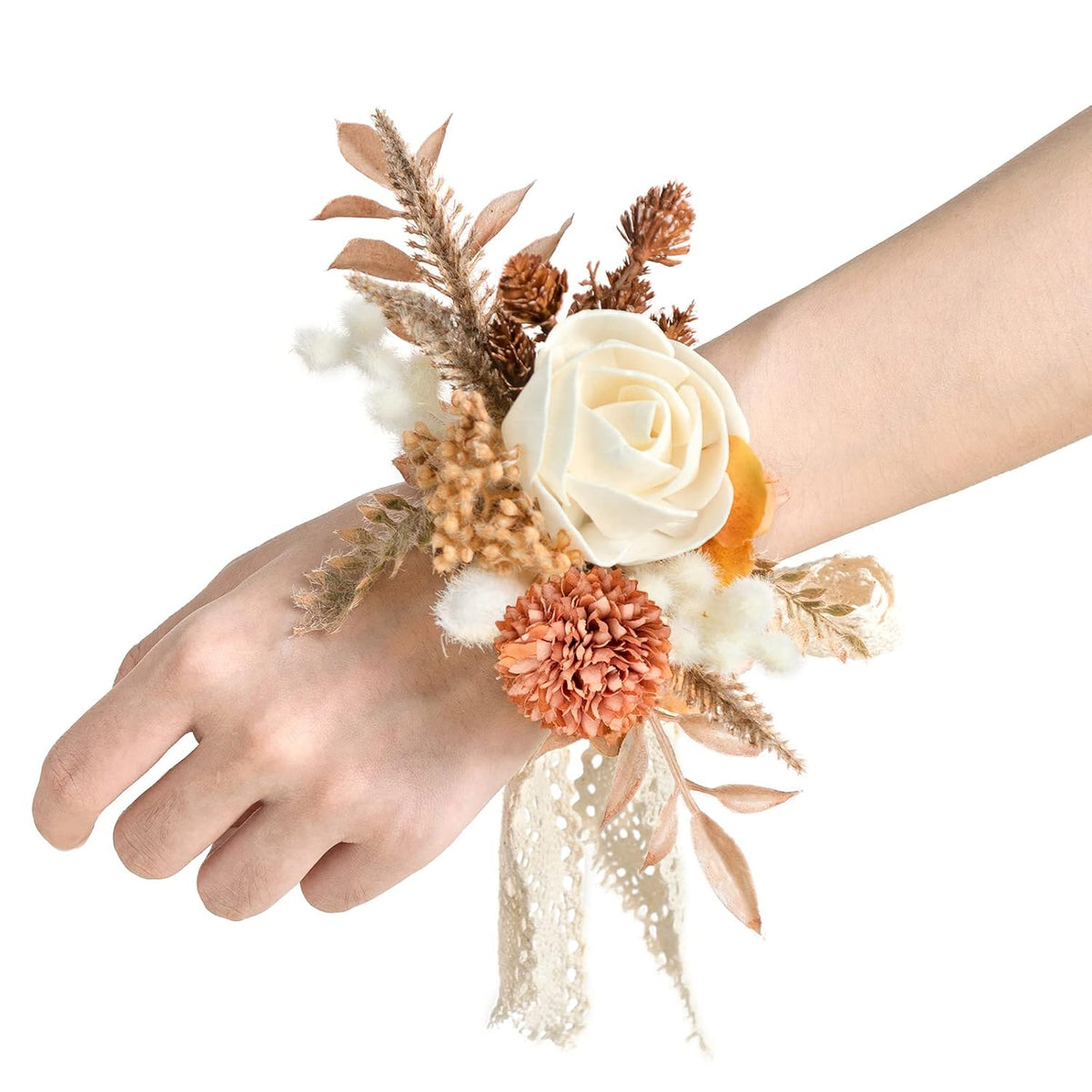 6Pcs Wedding Wrist Corsage Artificial Flowers, Girl/Mother Homecoming Prom Corsages Wristlet Décor, Etc. Boho Dried Rustic