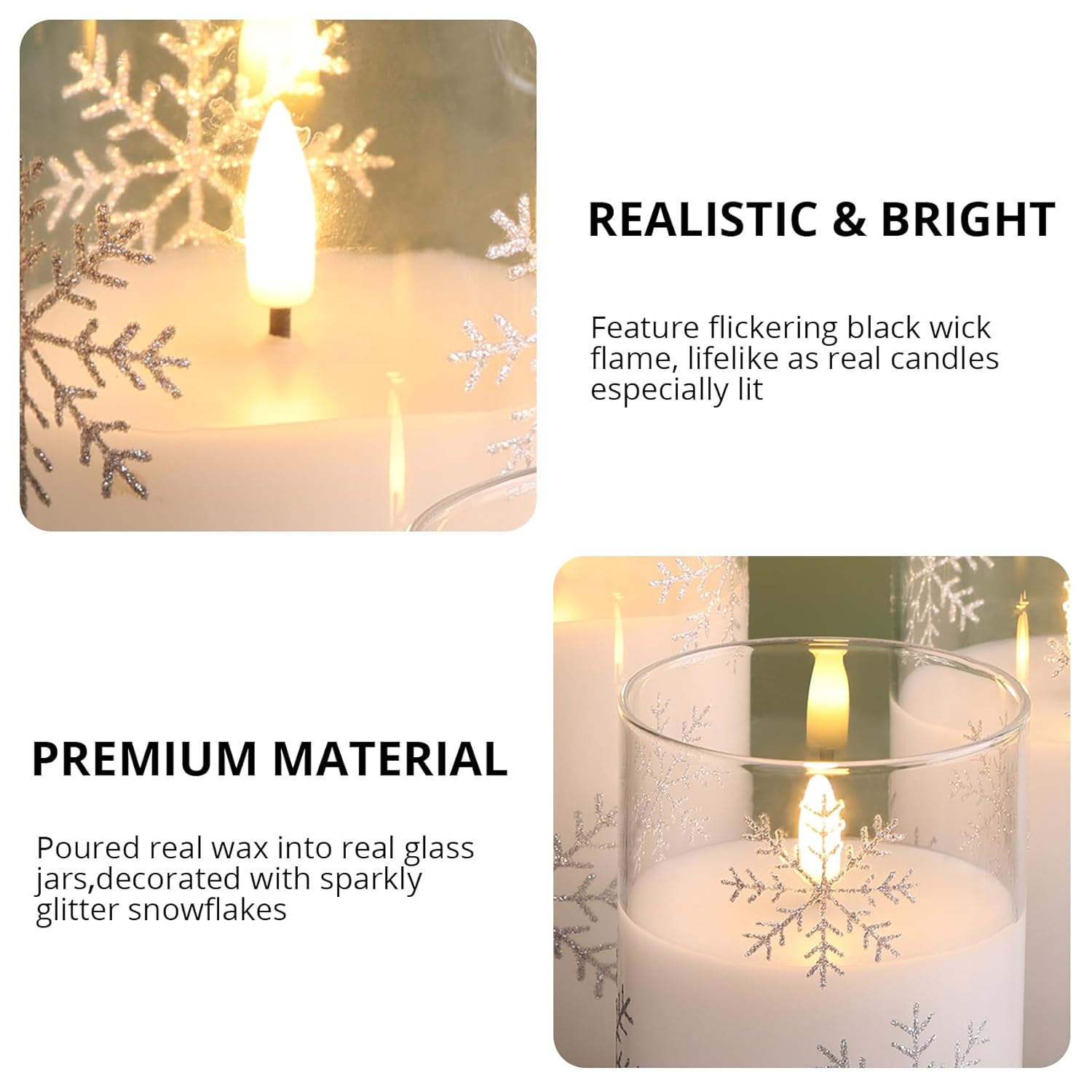 Clear Snowflakes Christmas Flameless Candles With Remote, Flickering Battery Led Pillar Candles Set Of 3