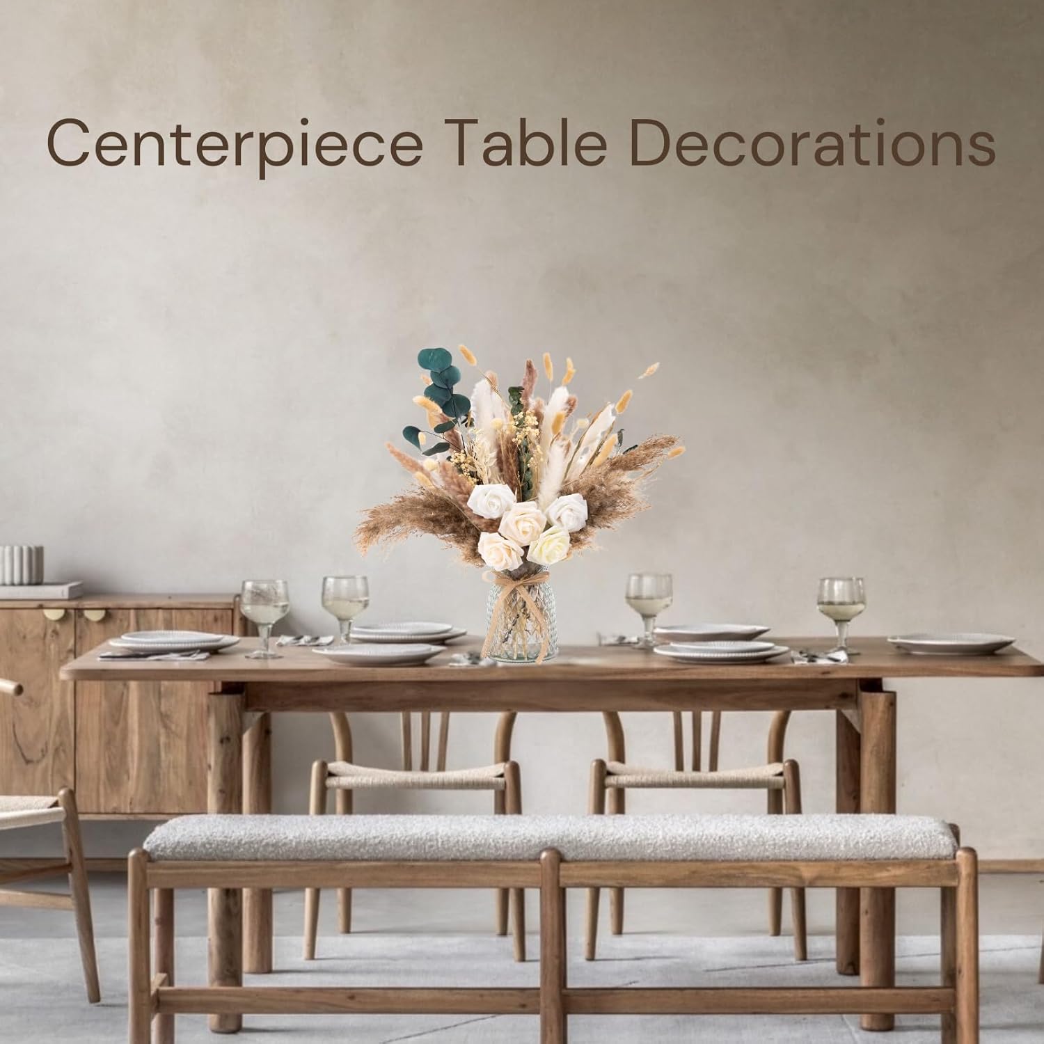 100Pcs Artificial Flowers Arrangement With Vase Included, Dining Table Centerpiece Decorations, Fake Flowers In Vase, Dried Pampas Grass Floral Centerpieces, Coffee Table Decor, Centro De Mesa