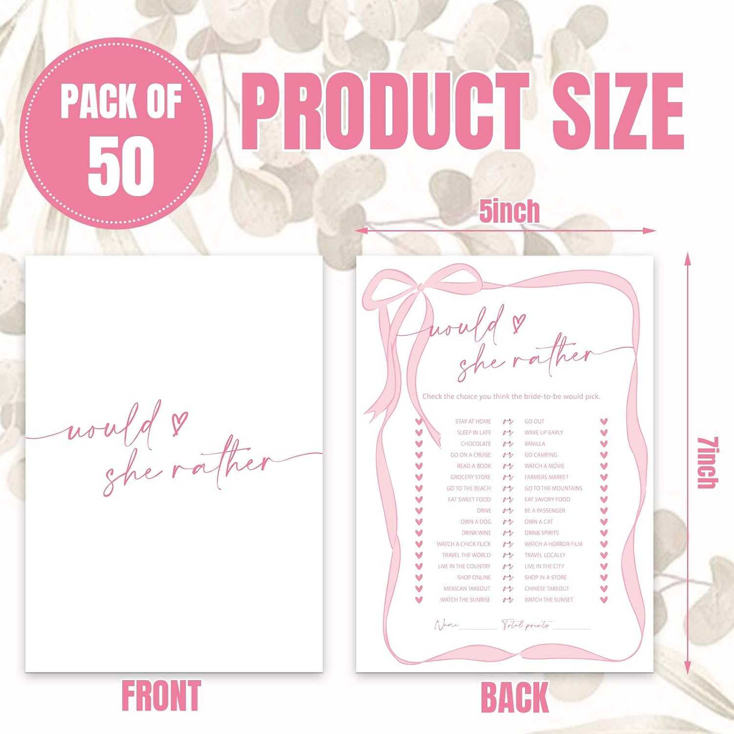 50 Sheets Pink Bow Bridal Shower Game Cards Would She Rather Double Sided Party Game Activity Cards For Coquette Bachelorette Wedding Party Games Supplies