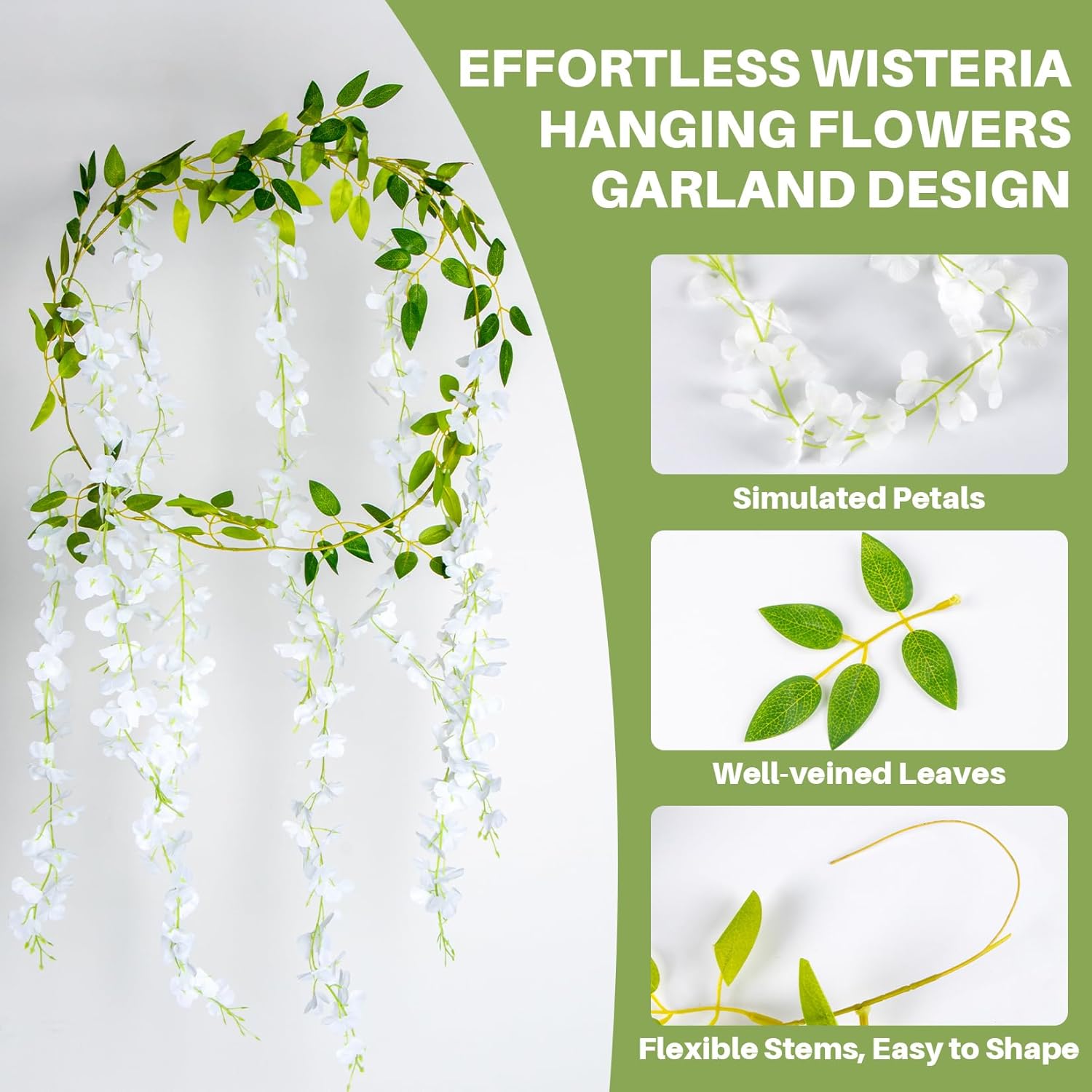 2 Pcs Artificial Wisteria Hanging Flowers - 6.23 Ft Wisteria Hanging Flowers Garland Fake Flower Vines White Floral Garland For Home Outdoors Fairy Garden Tea Party Wedding Arch Flower Decor
