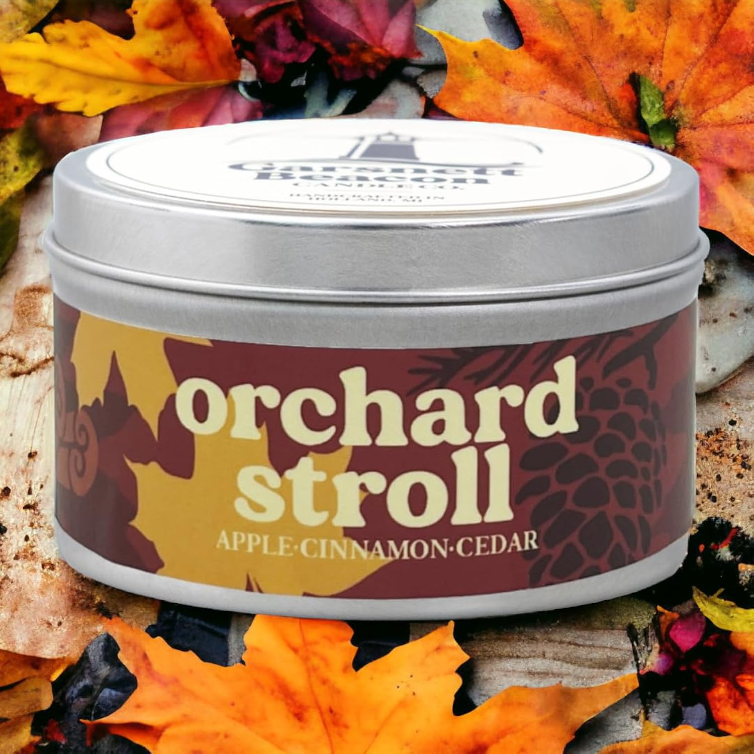 Orchard Stroll Fall Scented Tin Candle | Apple, Cinnamon, Cedar Highly Scented | Great For Home, Office | 100% Natural Soy Wax | 30+ Hour | Handcrafted In The Usa