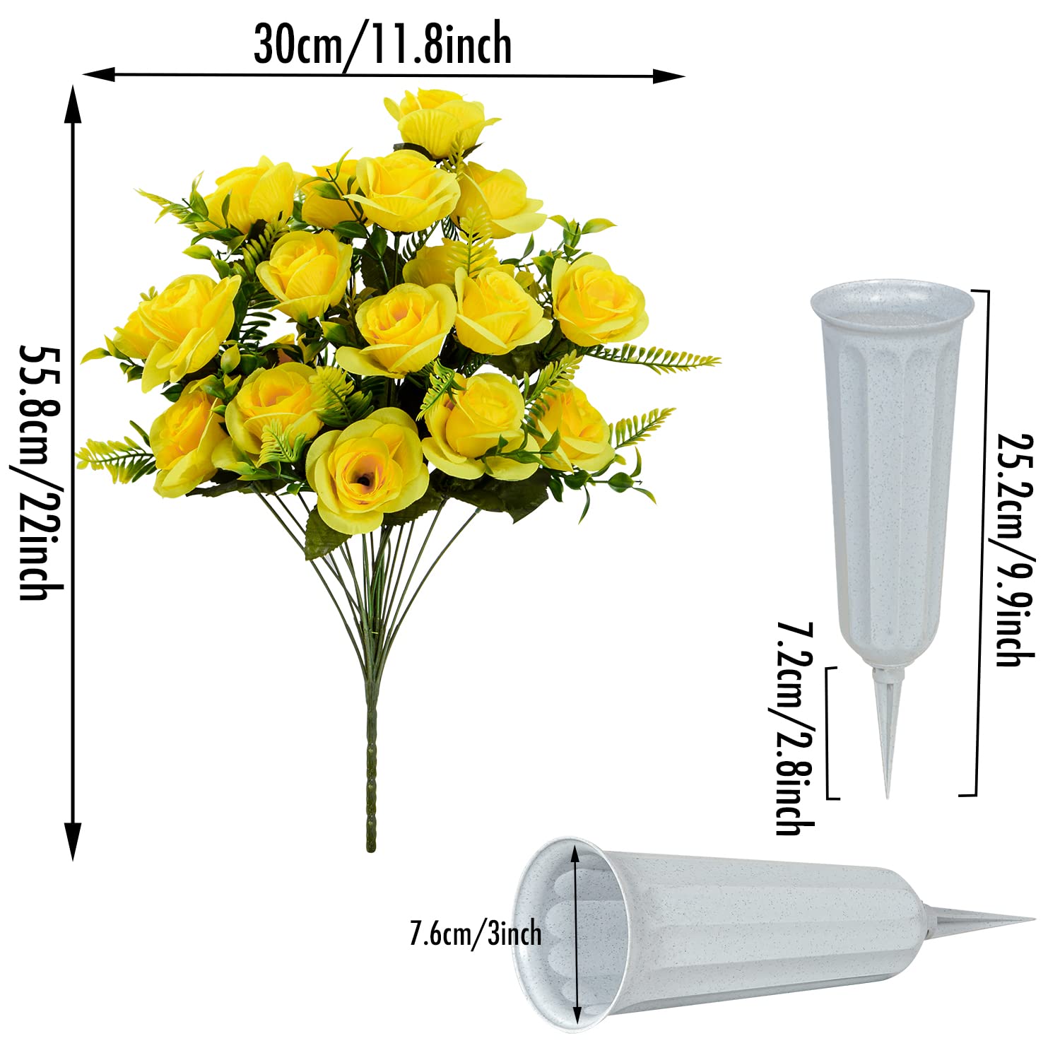 Artificial Cemetery Flowers With Vase, Set Of 2 Artificial Rose Bouquet Graveyard Memorial Flowers For Cemetery Headstones Decoration (Yellow-2Pcs)
