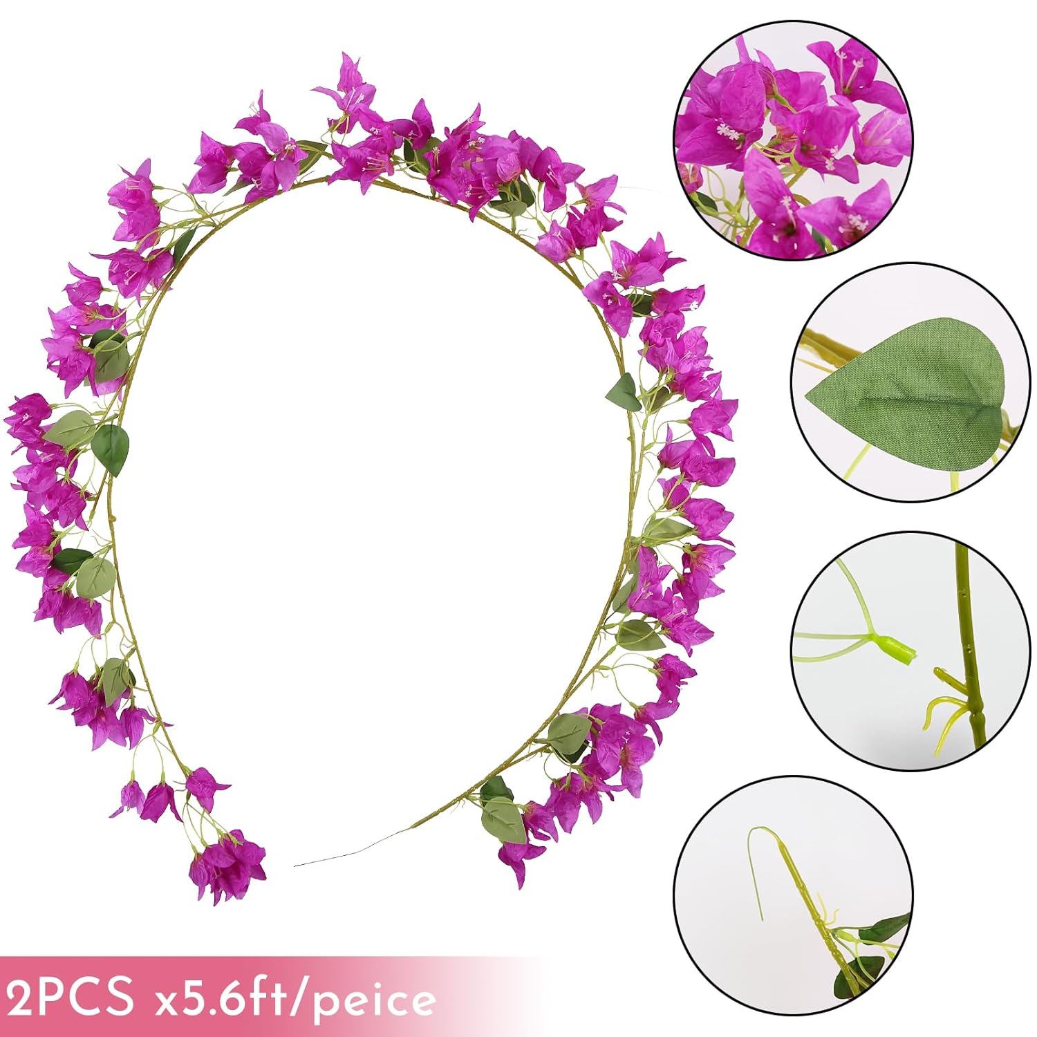Bougainvillea Garland Artificial Flowers Vines 2Pcs 5.6Ft/Piece Fake Silk Bougainvillea Wreaths Outdoors Faux Plants Decor For Centerpieces Table Runner Wedding Arch Wall Decorations (Purple)