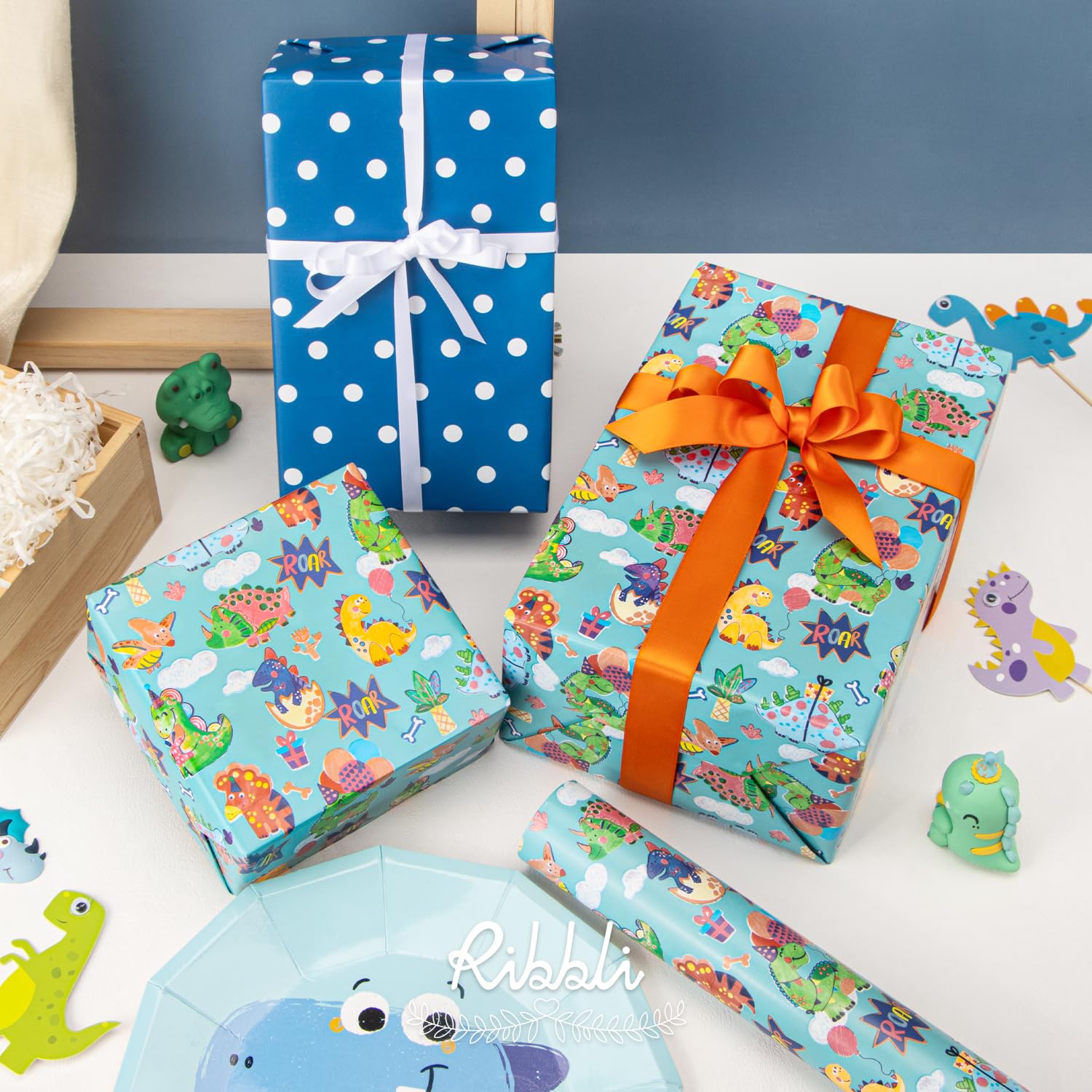 Dinosaur Birthday Wrapping Paper Dinosaur Balloon And Dots Reversible Mini Roll Blue Gift Wrap For Boys Kids Birthday Baby Shower 17 Inch X 33 Feet