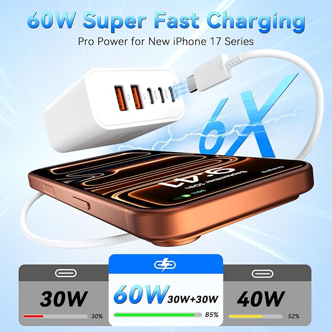 60W 5 Port USB C Fast Wall Charger Block for iPhone 17 16 15 iPad Samsung Galaxy