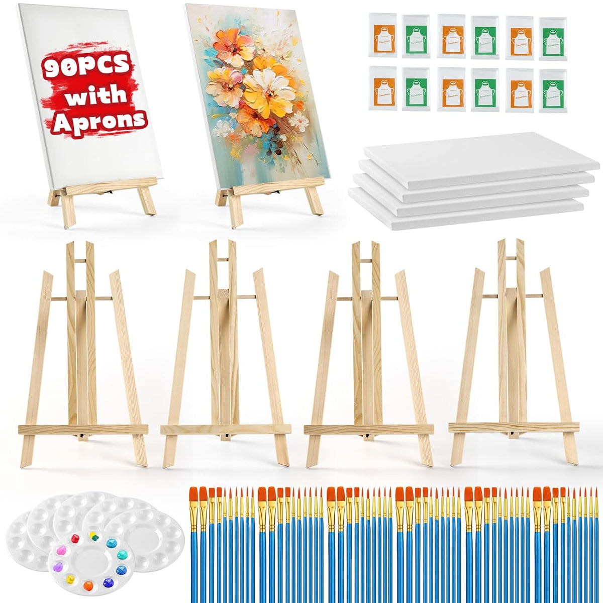 90 Pcs Painting Kits For Adults With 6 Easels+6 Canvases+12 Aprons+60 Brushes+6 Palettes Value Painting Supplies For Sip And Paint/Painting Party Date Night Painting Set For Kids,Students, Beginner