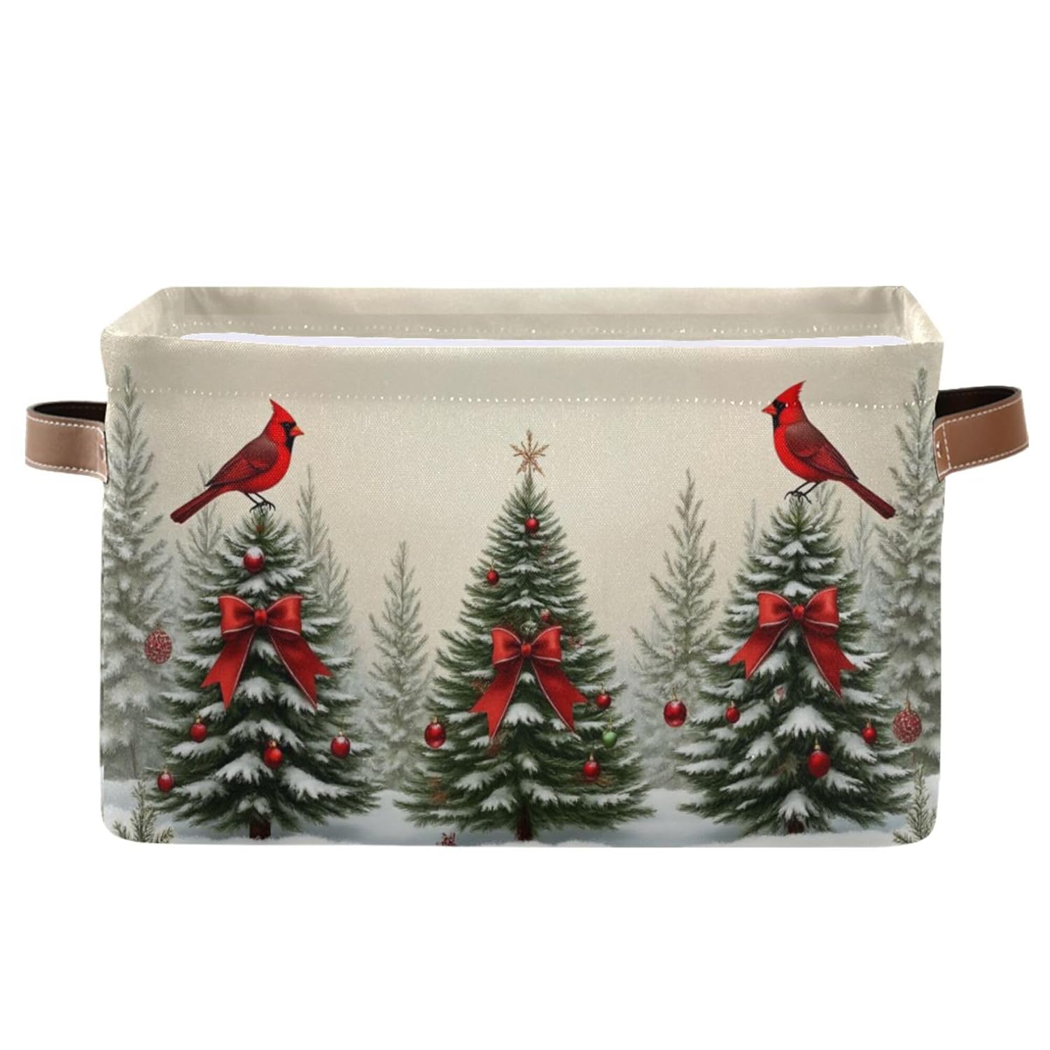 Christmas Tree Cardinals Birds Storage Basket With Waterproof Liner And Pu Handles Winter Xmas Tree Bow Storage Bins Boxes 14.2" Collapsible Decorative Organizer Baskets For Bedroom Office 1 Pack