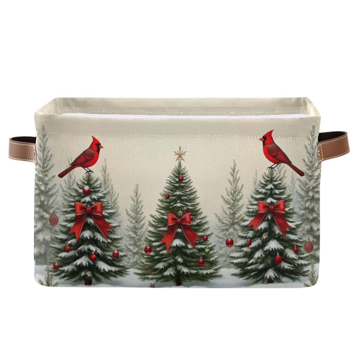 Christmas Tree Cardinals Birds Storage Basket With Waterproof Liner And Pu Handles Winter Xmas Tree Bow Storage Bins Boxes 14.2" Collapsible Decorative Organizer Baskets For Bedroom Office 1 Pack