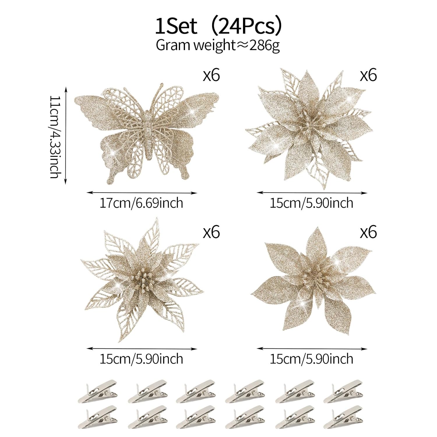 24Pc 5.5" Champagne Gold Artificial Poinsettia Christmas Flowers, Glitter Christmas Decorations For Xmas Tree Wreath Fireplace New Year Home Decor (Champagne Gold)