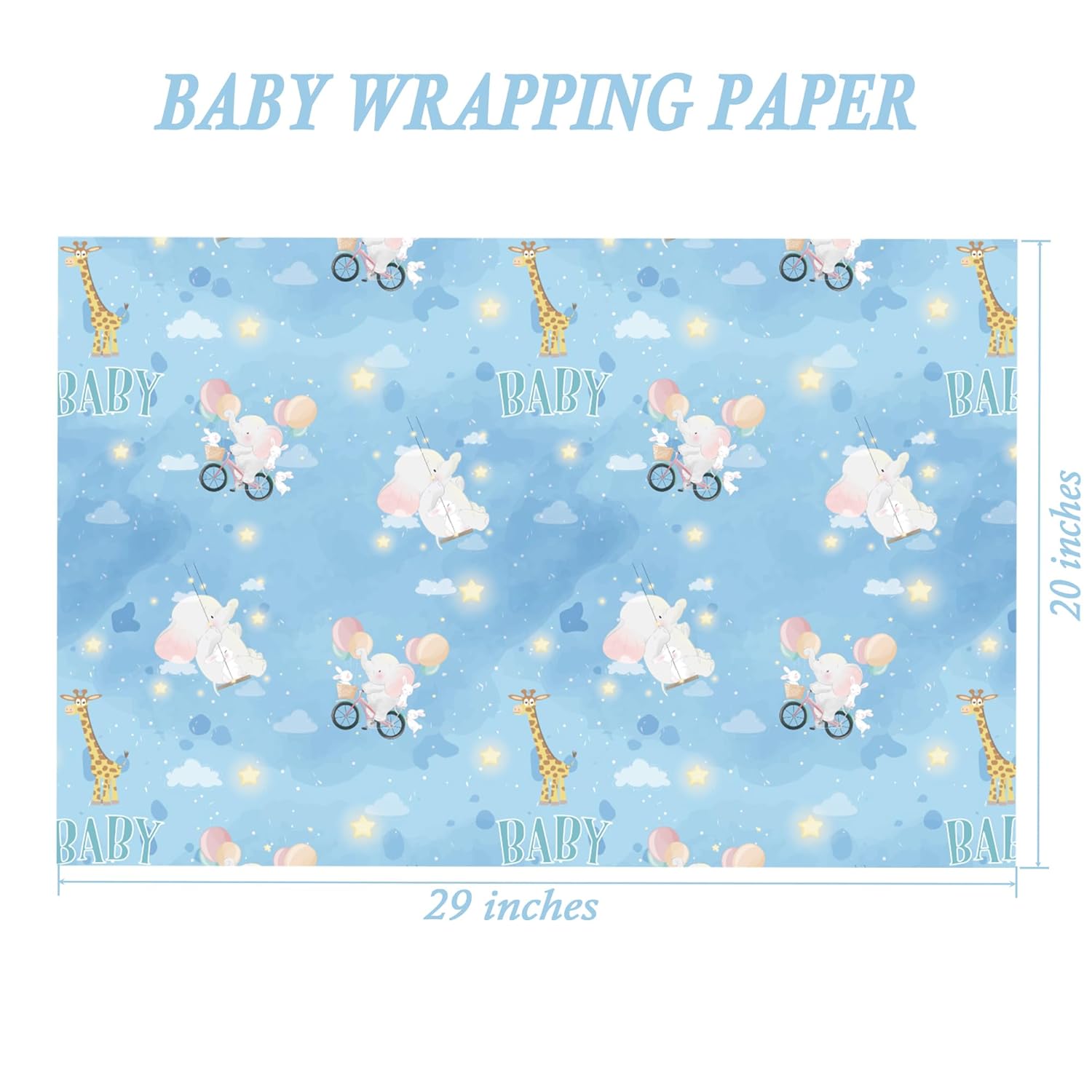 Blue Baby Shower Wrapping Paper - Watercolor Gift Wrap With Funny Elephant, Giraffe, Rabbit, Baby, And Galaxy Design For Baby Shower, Birthday, Christmas - 20×29 Inches, 6 Folded Sheets