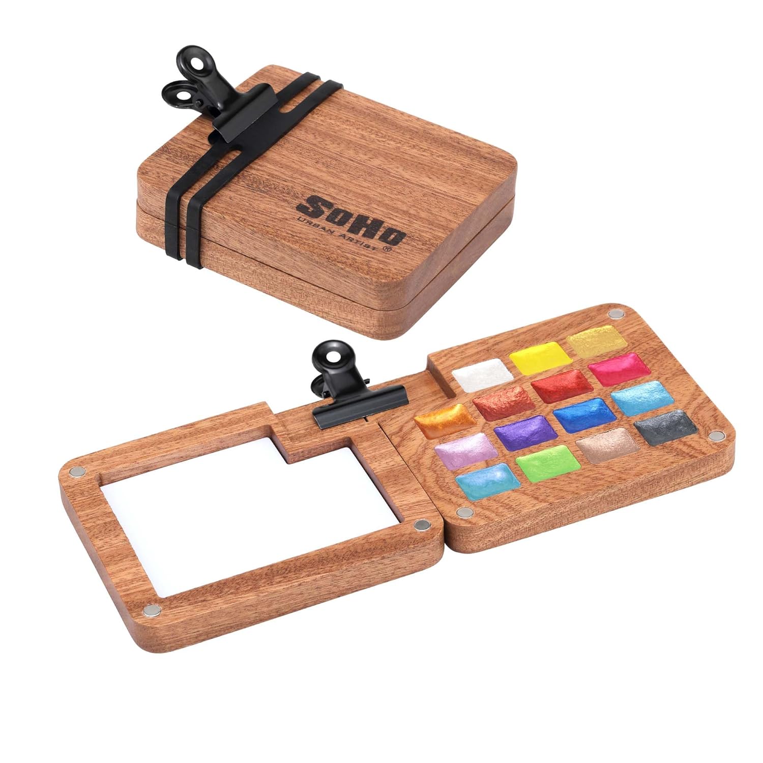 Mini Wooden Travel Watercolor Palette Of 15 Metallic Colors - Professional Watercolor Paint Set For Plein Air Artists, Semi-Moist Pans, Pocket