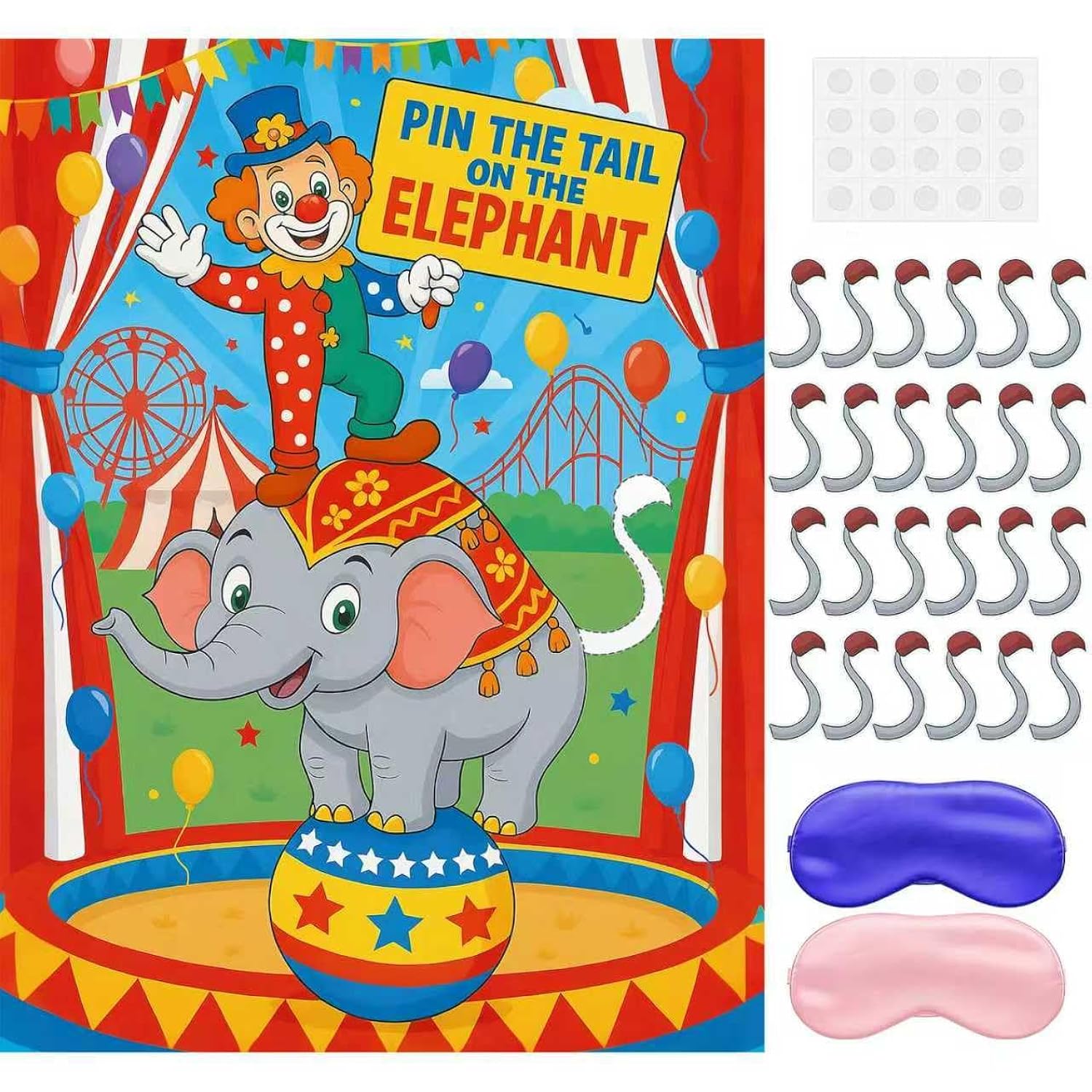 Carnival Circus Party Game: Pin The Stickers On The Elephant Poster With 24 Pcs Stickers And Blindfold For Circus Birthday Party Supplies