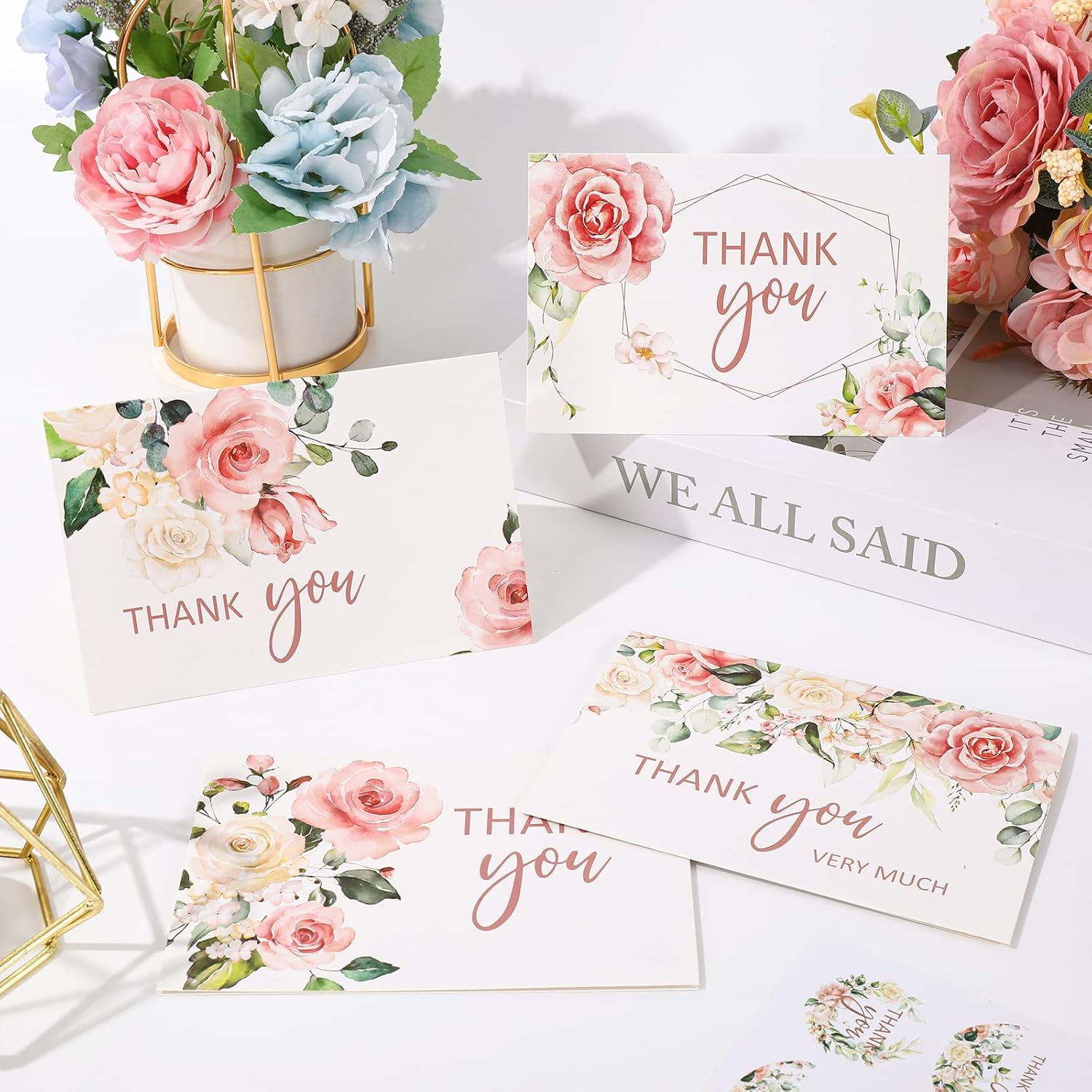 32 Pack Thank You Cards With Envelopes Stickers Blush Floral Blank Note Cards Bulk 4 Design Flower Thank You Greeting Cards For Wedding Baby Shower Bridal Shower And All Occasions, 4 X 6