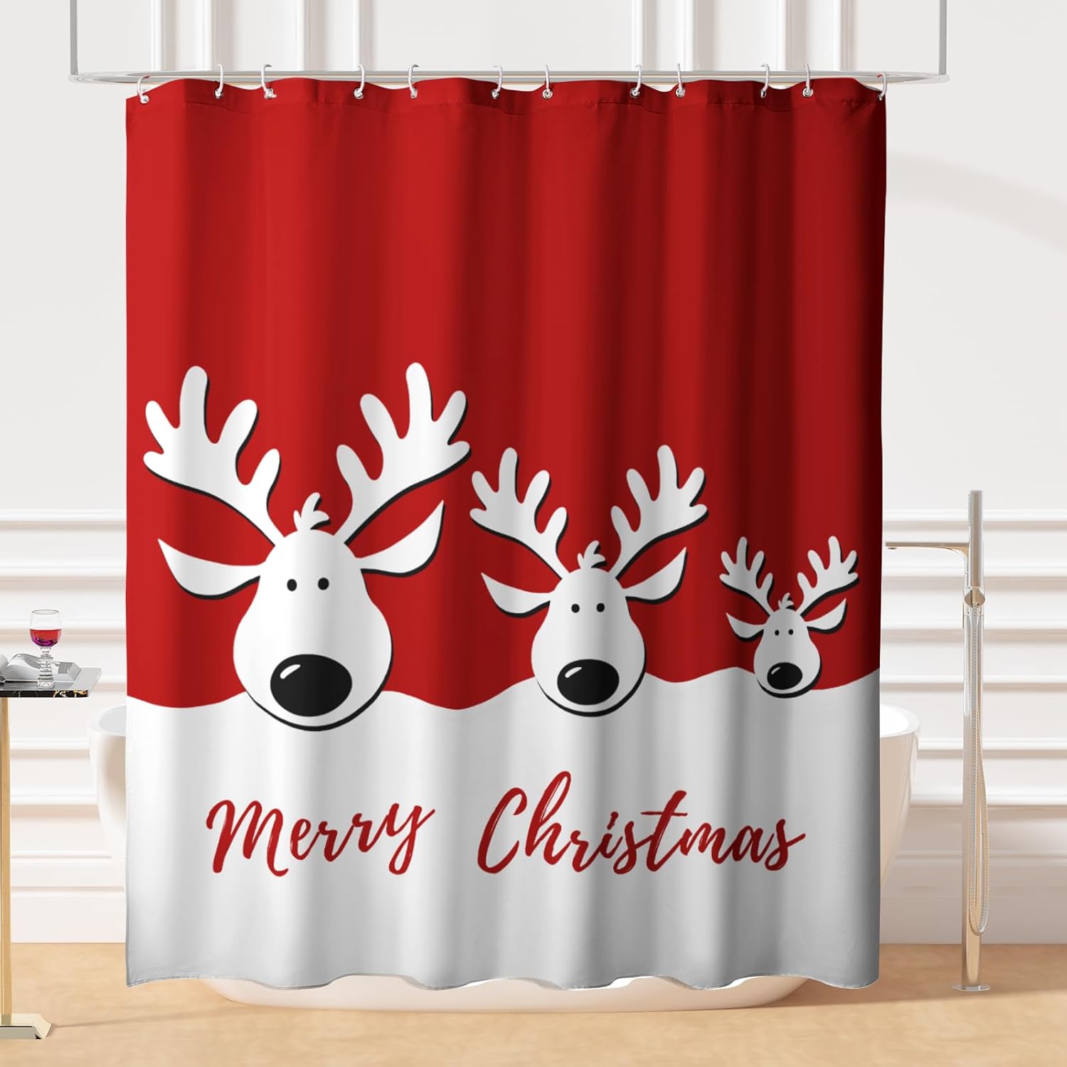 Merry Christmas Shower Curtain Christmas Elk Bathroom Curtain Xmas Cut Reindeer Red White Shower Curtains For Bathroom Winter Holiday New Year Farmhouse Shower Curtains With Hooks 72X72 Inch