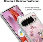 Pixel 9/9 Pro Clear Case, Pink Hummingbird, Shockproof TPU with Kickstand