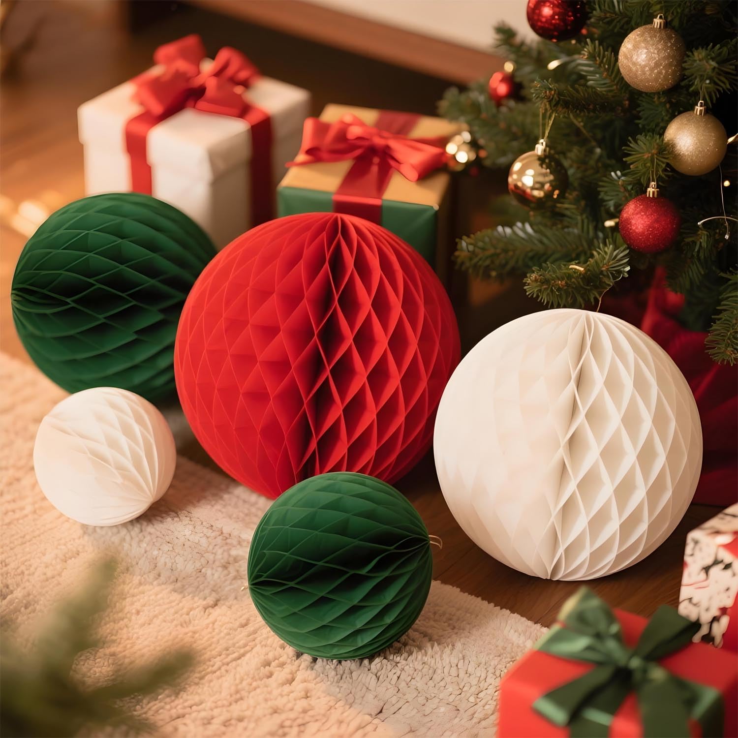 Red White And Green Paper Honeycomb Flower Balls-12 Pcs 6" 10" Tissue Pompoms Suitable For Birthdays Graduation Weddings And Christmas Theme Party Decoration