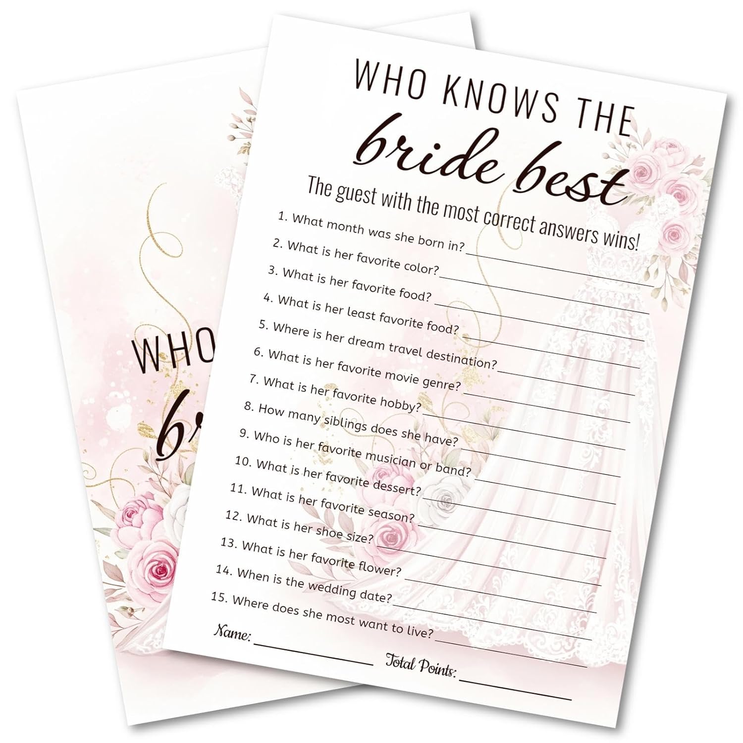 Bridal Shower Party Game Cards - Who Knows The Bride Best For Wedding Engagement Bachelorette - Watercolor Wedding Dress Roses Peonies - 30 Pcs 5X7 Inch Ready To Play Instant Fun