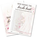 Bridal Shower Party Game Cards - Who Knows The Bride Best For Wedding Engagement Bachelorette - Watercolor Wedding Dress Roses Peonies - 30 Pcs 5X7 Inch Ready To Play Instant Fun