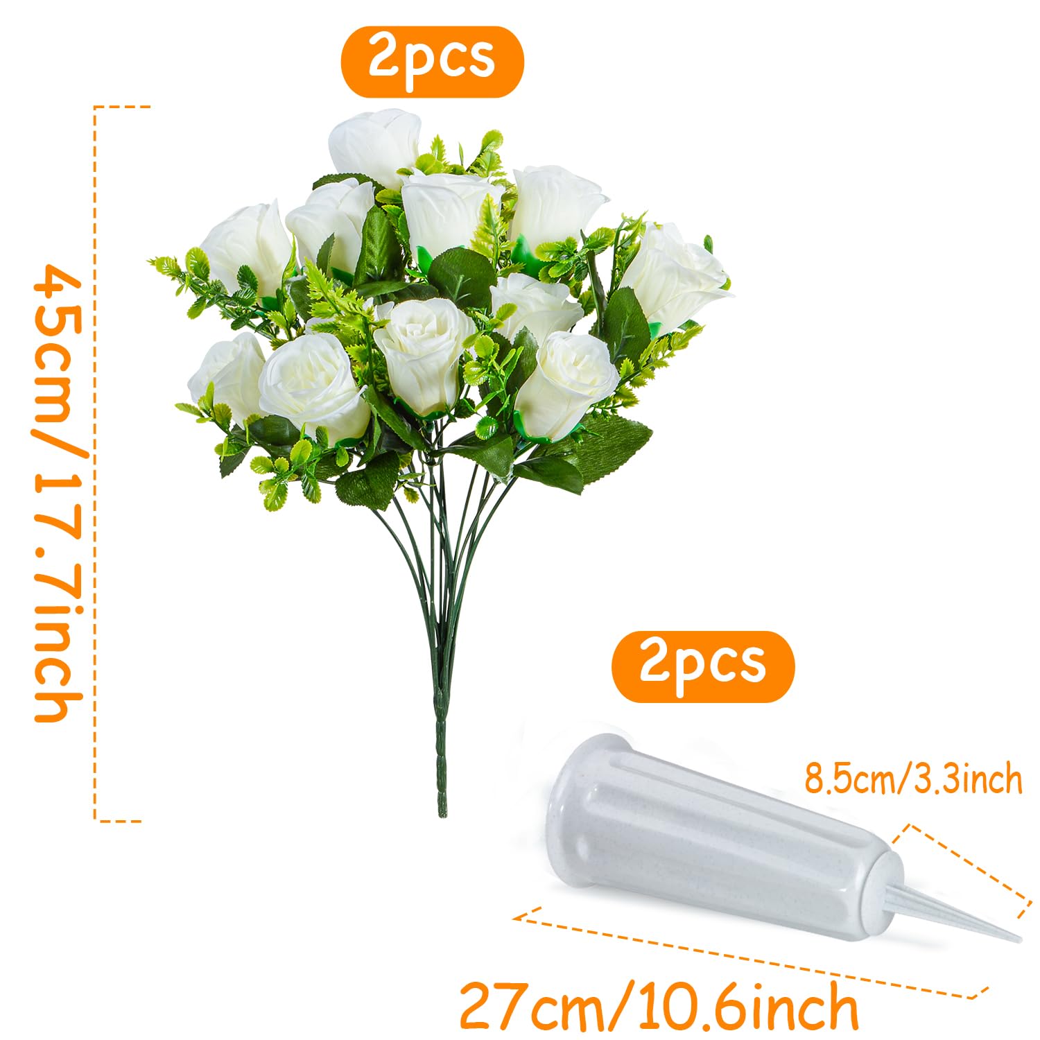 Artificial Cemetery Flowers, Set Of 2 Artificial Rose Bouquet Grave Memorial Flowers With Vase For Cemetery Headstones Decoration (White)